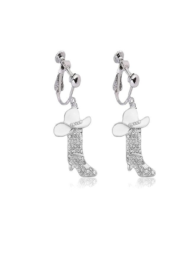 Modpide Rhinestone Western Boots Clip on Earrings Cowgirl Cowboy Enamel Hat Earrings Boot Drop Dangle Earrings for Women (Silver Boots, White Hat) - Image 1